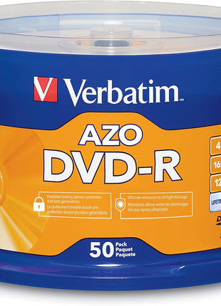 Verbatim DVD-R Blank Discs AZO Dye 4.7GB 16X Recordable Disc - 50 Pack Spindle