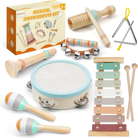 LeeQee Montessori Wooden Musical Instruments Set, Xylophone for Toddlers 2+ | Neutral Boho Colors, Nursery Decor Friendly, Sensory Percussion Toys for Preschool Boys and Girls, Early Learning Gift