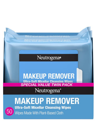 Neutrogena Makeup Remover Micellar Wipes for Face Daily Gently Removes Oil Dirt and Waterproof Makeup in a Simple Fully Plant-Based Cloth, 2 pack of 25 ct