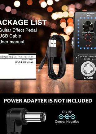 LEKATO Looper Guitar Pedal Guitar Loop Pedal Tuner Pedal 9 Loops 40 Minutes Record Time Unlimited Overdubs for Electric Guitar Bass (Black)