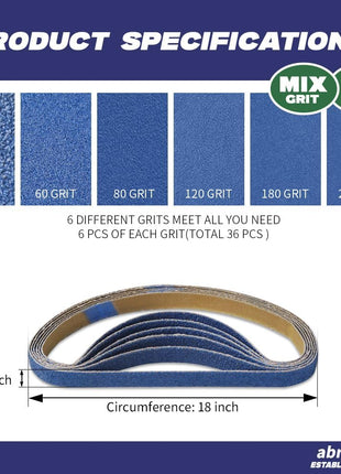 1/2 inch x 18 inch Zirconia Sanding Belts for Metal, 1/2 x 18 Inch Zirconia Metal Grinding Sand Paper, 36 PCS 6 Each of 40/60/80/120/180/240 Assorted Grits, Perfect for Metal Polishing, Derusting, Woodworking