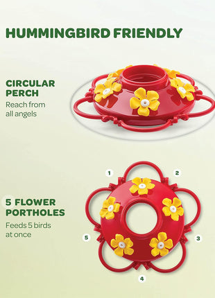 Hummingbird Feeder 10 oz [Set of 2] Plastic Feeders for Outdoors, with Built-in Ant Guard - Circular Perch with 5 Feeding Ports - Wide Mouth for Easy Filling/2 Part Base for Easy Cleaning