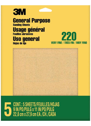 3M Sandpaper, 220 Grit, 5 Sheets, 9 in x 11 in, Sands Paint, Wood & Metal, Great For General Purpose Sanding, Very Fine Aluminum Oxide Sand Paper (9000NA-20)