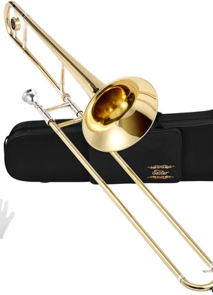 Eastar Bb Tenor Slide Trombone for Beginners Students, B Flat Brass Plated Trombone Instrument with Mouthpiece, White Gloves, Cleaning Kit, ETB-330, Golden