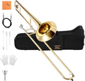 Eastar Bb Tenor Slide Trombone for Beginners Students, B Flat Brass Plated Trombone Instrument with Mouthpiece, White Gloves, Cleaning Kit, ETB-330, Golden