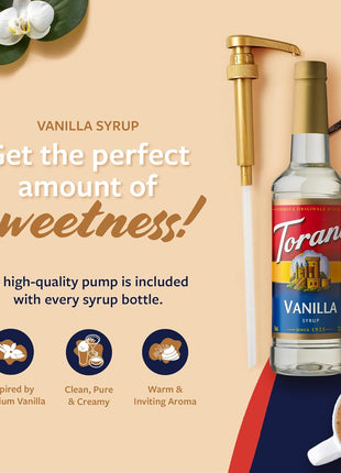 Torani Coffee Syrup, Vanilla Flavored Syrup for Drinks, Pump Included, 25.4 Fl Oz
