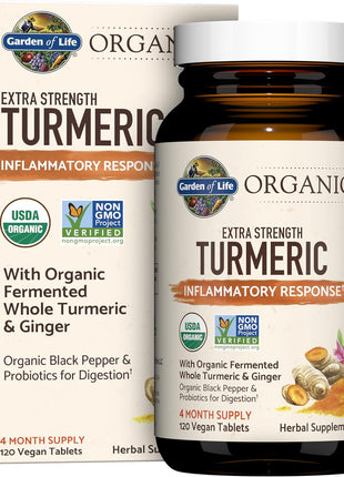 Garden of Life Organics Extra Strength Turmeric Inflammatory Response 120 Tablets-100Mg Curcumin (95% Curcuminoids) Black Pepper, Probiotics, Organic Non-GMO Vegan Gluten Free Herbal Supplement