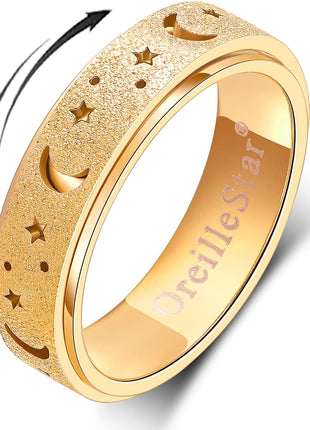 OreilleStar Anxiety Ring for Women Spinner Ring Stainless Steel Fidget Toys Adults Fidget Spinner Ring Fidgit Ring (Moon Star-Gold, 8)