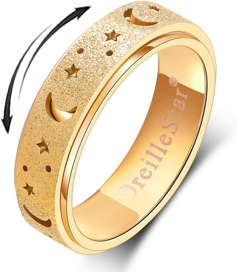 OreilleStar Anxiety Ring for Women Spinner Ring Stainless Steel Fidget Toys Adults Fidget Spinner Ring Fidgit Ring (Moon Star-Gold, 8)