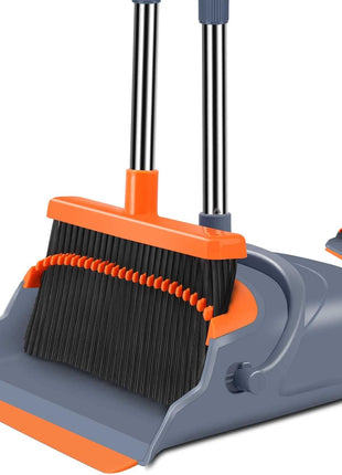 kelamayi Upgrade Broom and Dustpan Set, Self Cleaning with Dustpan Teeth, Indoor&Outdoor Sweeping, Ideal for Dog Cat Pets Home Use, Stand Up Broom and Dustpan (Gray&Orange)