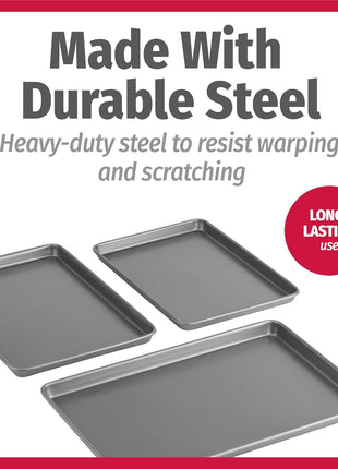 GoodCook Everyday Nonstick Baking Sheet Set, 3 Pack Includes Small (13×9) Medium (15×1) and Large (17×11) Pans Carbon Steel Construction Cookie Sheets Bakeware Set, Gray