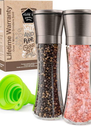 Home EC Premium Stainless Steel Sea Salt and Pepper Grinder Set of 2 - Adjustable Ceramic - Tall Glass Salt and Pepper Shakers - Kitchen Spice Mill W/Funnel & EBook