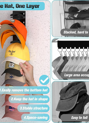 Hat Organizer for Baseball Caps 2Pack, Hat Rack for Wall with Strong Adhesive Hold up to 20 Hats, Hat Hanger Holder Display for Door Closet, Cap Organizer Storage Multilayer Two Mounting Option(Black)