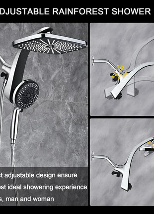 12" High Pressue Rain Shower Head with Handheld, 9 Sprays Hand Showerhead | Shower Heads with Handheld Spray Combo, Dual Head, Built-in Magnetic Docking, Power Jets, 59" Shower Hose, Chrome 1.8GPM