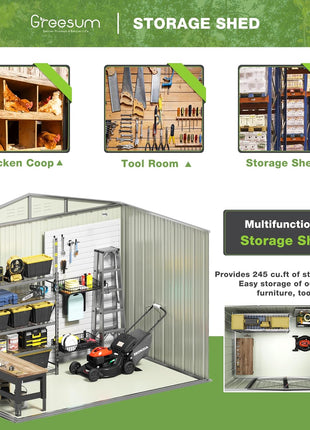 Greesum Outdoor Storage Shed 6 x 8 ft. Utility Tool Shed Metal Storage Garden Shed with Door & Lock for Patio Storage, Brown