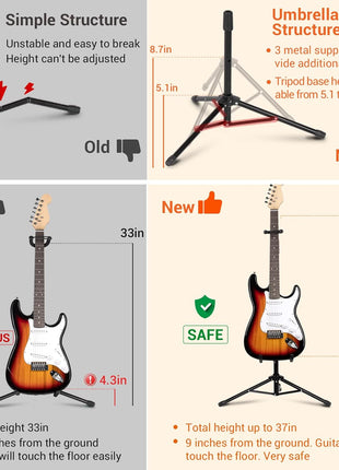 CAHAYA Guitar Stand Floor - Folding Universal Guitar Holder for Acoustic Electric Guitars Bass Guitar Adjust Height from 30.7 to 37 In Folding Tripod Guitar Stands with Neck Holder