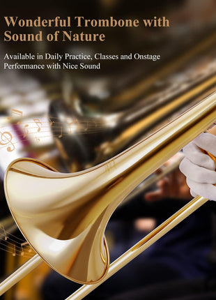 Eastar Bb Tenor Slide Trombone for Beginners Students, B Flat Brass Plated Trombone Instrument with Mouthpiece, White Gloves, Cleaning Kit, ETB-330, Golden