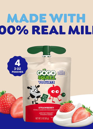 GoGo SqueeZ YogurtZ Strawberry, Kids Snacks Made from Real Yogurt & Fruit, Pantry Friendly Snack, No Fridge Needed, No Preservatives, Kosher Certified, Gluten Free, 3 Oz, 4 Pack