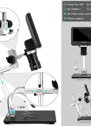 Andonstar AD246S-M 3 Lens 2160P HDMI Digital Microscope 2000x for Adults | 7 Inch LCD Soldering Microscope for Electronics Repair, Error Coins, Pro Boom Arm Stand, Windows Compatible