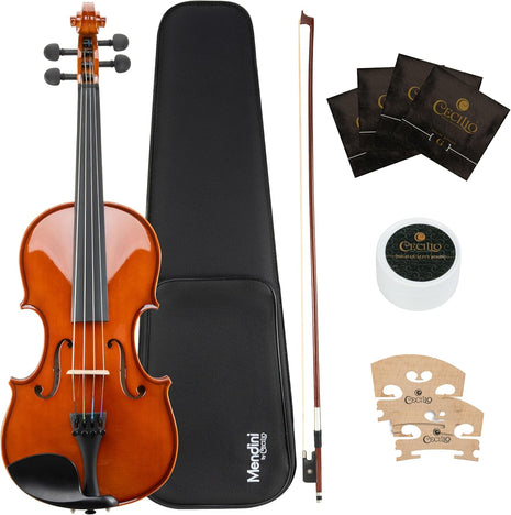 Mendini by Cecilio 16-Inch Solid Wood Violin Set for Beginners - Hand Carved Acoustic Viola Kit - Fiddle Set with Hard Case, Bow, Rosin, Bridge and Extra Strings (Natural Varnish)