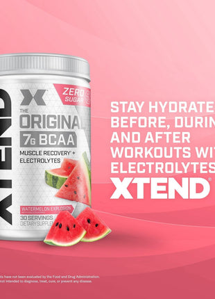 Xtend Original BCAA Powder, 7g BCAAs and 2.5g L-Glutamine for Muscle Recovery Hydration and Lean Muscle, Sugar Free Intra and Post Workout Drink with Electrolytes, Watermelon Explosion, 30 Servings