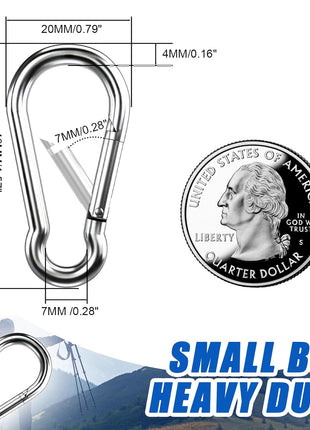 Small Carabiner Clip Hooks, 10pcs 1.57 inch Carabiners Heavy Duty, 304 Stainless Steel Spring Snap Hook Fits Camping Hiking, Metal Clips for Rope Chain Keychain Keys Rings