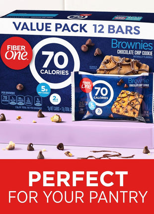 Fiber One 70 Calorie Chocolate Chip Cookie Brownies, 12 ct, 10.6 oz | 27% Daily Value of Fiber per Bar, 5g Net Carbs, Chocolatey Chips & Drizzle, Ideal Desk Drawer or Lunchbox Snack, 10.6 oz