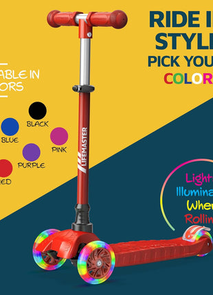 Lifemaster Mini 3-Wheel Kids Scooter with Multi-Color Wheel Lights – 4-Height Adjustable Handlebar, Wide Anti-Slip Deck, Child Safety Certified, Boys & Girls Ages 2+ Supports Up to 110 lbs