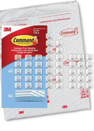 Command Clear Indoor Mini Light Clips Value Pack, 45 Clips, 54 Strips, Damage-Free String Light Hangers for Home, Room, Wall, Office, and Dorm Decor, Great for Cable Management, Holds up to 0.3 lb