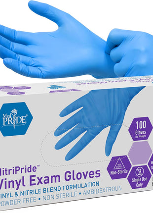 MED PRIDE Disposable Multipurpose Hand Protection Nitrile Vinyl Blend Exam Gloves, Medium 100   Powder, Latex & Rubber Free   Single Use Non Sterile Protective Gloves