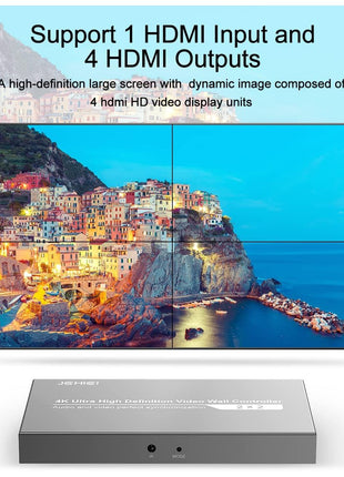 Video Wall Controller 2X2,JCHICI TV Wall Processor,4K x 2K HD Display,180 Degree Rotate,8 Splicing Modes 2x2,1x2,1x3,1x4,2x1,3x1,4x1,Input 4K and Output 1080P,Streaming Media Video Device