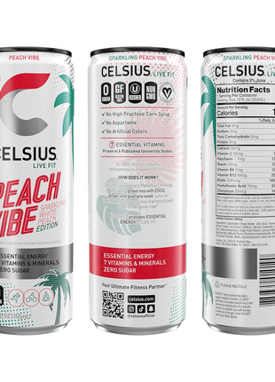 CELSIUS PEACH VIBE Sparkling White Peach, Sugar Free Energy Drink, 12 Fl Oz (Pack of 12)