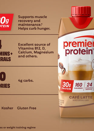 Premier Protein +Energy 30g High Protein Shake , Café Latte, 12 Pack | Caffeinated, 160 Calories, 24 Vitamins & Minerals, No Added Sugar, Supports Muscle Health, Gluten-Free, 11 oz