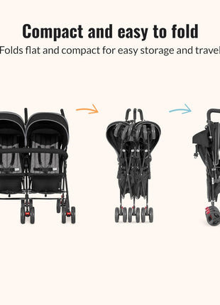Dream On Me Volgo Twin Umbrella Stroller in Black, Lightweight Double Stroller for Infant & Toddler, Compact Easy Fold, Large Storage Basket, Large and Adjustable Canopy