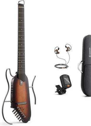 Donner HUSH I Guitar For Travel   Portable Ultra Light and Quiet Performance Headless Acoustic Electric Guitar, Mahogany Body with Removable Frames, Gig Bag, and Accessories Natural