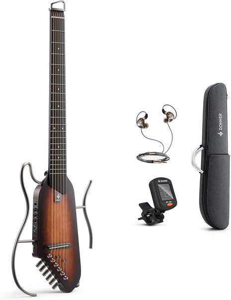Donner HUSH I Guitar For Travel   Portable Ultra Light and Quiet Performance Headless Acoustic Electric Guitar, Mahogany Body with Removable Frames, Gig Bag, and Accessories Natural