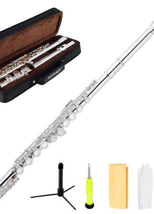 EastRock Closed Hole Flutes C 16 Key for Beginner, Kids, Student Silver Nickel Flute with Case Stand and Cleaning kit