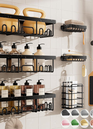 Veken Shower Caddy 6-Pack, Bathroom Organizers and Storage Shelves, Black | Advanced Rustproof Design, Large Capacity, No Drilling, Adhesive Rack with Soap Holder, Wall-Mounted Kitchen & Home Decor