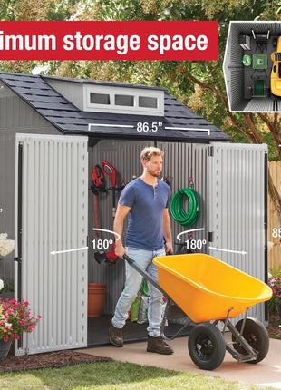 Rubbermaid Resin Outdoor Storage Shed With Floor (7 x 7 Ft) Weather Resistant Gray Organization for Home/Backyard/Garden Tools/Lawn Mower/Bike Storage/Pool Supplies