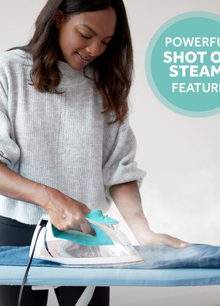 Sunbeam Turbo Steam Iron, 1400 Watt, Nonstick Ceramic Soleplate, Horizontal or Vertical Shot of Steam, Quick Heating, 3 Way Auto Off, White and Chrome (Chrome/Teal)