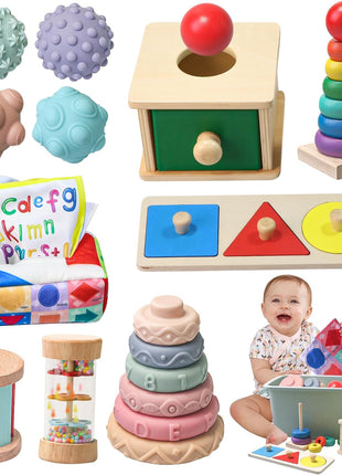 Montessori Toys for Babies 6-12 Months,1 Year Old,8 in 1 Learning Educational Set Wooden Sensory Toys for Baby Toys 12-18 Months (Includes Tissue Box Toy,Rainmaker and More)