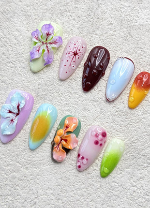 RIICFDD Handmade Press on Nails Medium Almond Thick Acrylic Nails,Tropical Flower Art Fake Nails with Water Droplet Pattern Designs Nature Stick on Nail False Nails for Wome (Size S)