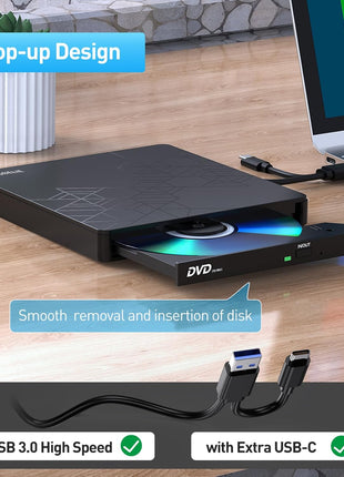 ORIGBELIE External DVD Drive, CD Drive USB 3.0 Typle C CD/DVD ROM +/-RW Adapter with USB Port DVD Burner for Laptop PC Desktop Computer, Optical Disk Drive CD Player Compatible with Mac Windows Linux