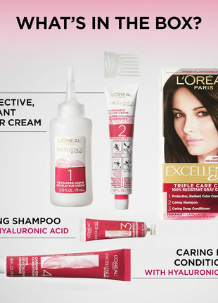 L'Oreal Paris Excellence Crème Permanent Hair Dye, Triple Care Hair Color with Hyaluronic Acid for 100% Gray Coverage, 4 Dark Brown, 1 Kit (Packaging May Vary)