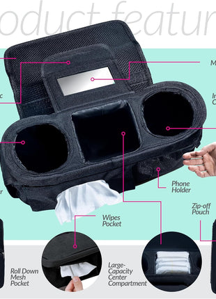Stroller Caddy Organizer, Cup Holder, Wipes Pocket, Non-Slip, Black