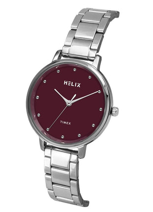 Helix by Timex Analog Watch for Women with Burgundy Round Dial & Silver Stainless Steel Bracelet Band Water Resistant Women's Wrist Watches - TW056HL04