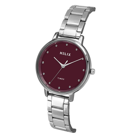 Helix by Timex Analog Watch for Women with Burgundy Round Dial & Silver Stainless Steel Bracelet Band Water Resistant Women's Wrist Watches - TW056HL04