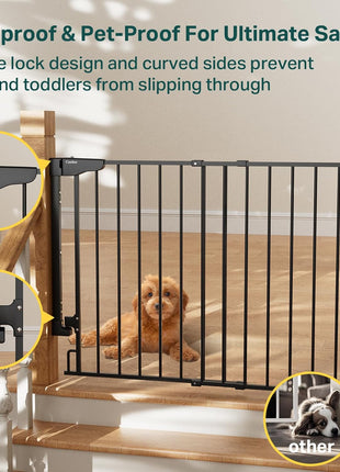 Cumbor 29.2–43" Baby Gate for Stairs, Hardware Mounted (Drill Required), Expandable No Bottom Bar Dog Gate, Auto Close Extra Wide Walk Thru, Pet & Toddler Proof Gate, Top & Bottom of Stairways(Black)