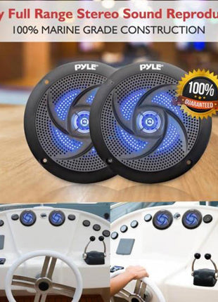 Pyle Low-Profile Waterproof Marine Speakers - 100W 4 Inch 2 Way 1 Pair Slim Style Waterproof Weather Resistant Outdoor Audio Stereo Sound System w/ Blue Illuminating LED Lights - Pyle (Black)