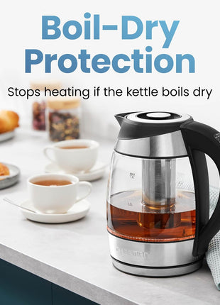 Chefman Electric Kettle with Temperature Control, 5 Presets LED Indicator Lights, Removable Tea Infuser, Glass Tea Kettle & Hot Water Boiler, 360° Swivel Base, BPA Free, Stainless Steel, 1.8 Liters